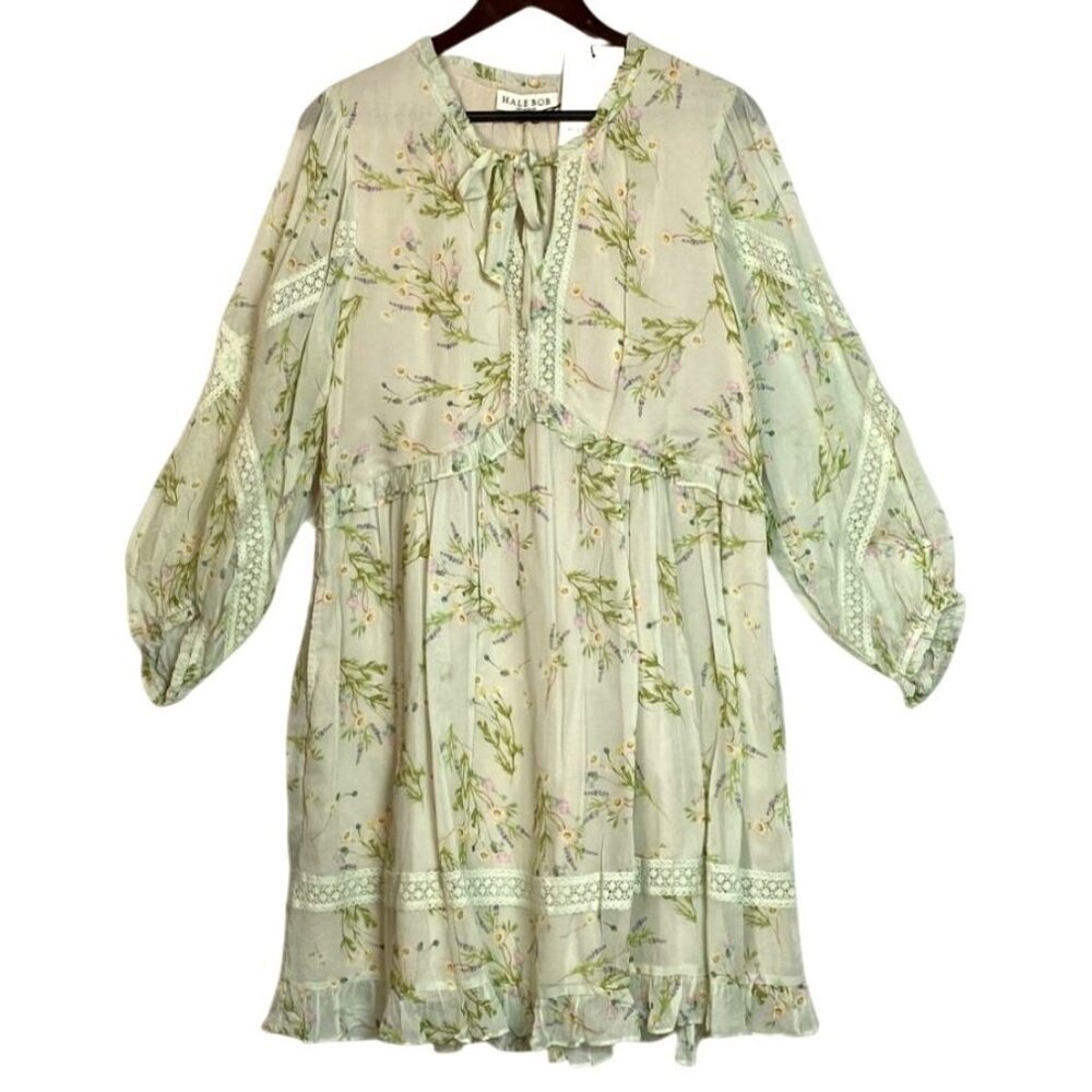 Hale Bob XL Mint Green Floral Boho Dress With Lace Trim Long Sleeves